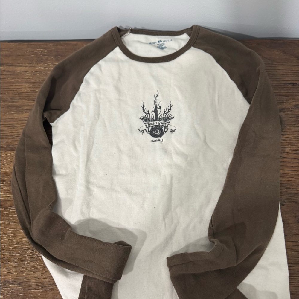 Brandy Melville Cream and Brown Raglan Tee